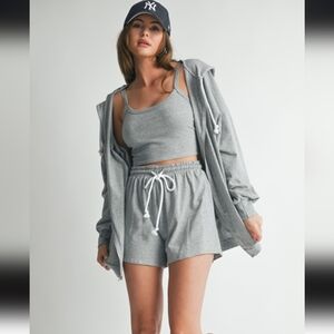 3 PCS Gray Lounge Set with Drawstring Shorts, Tank Top, and Jacket